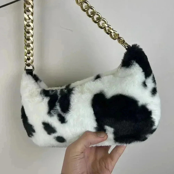Chic Cow Print Faux Fur Shoulder Bag - Picture 4 of 6